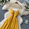 French yellow camisole sexy backless dress - women's summer korean style high waist ruffle trim slimming vacation maxi dress