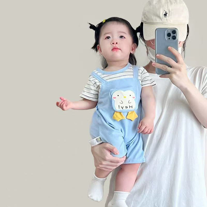 New arrival cartoon stylishstripes short-sleeved one-piece new arrival boys outwear k-stylecute clothing bag outing clothing one-piece