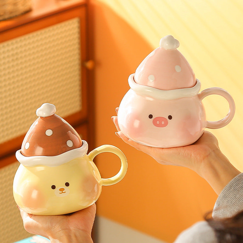 Creative cute piglet ceramic mug with lid - perfect birthday gift, office-friendly, high-style water cup - wholesale available