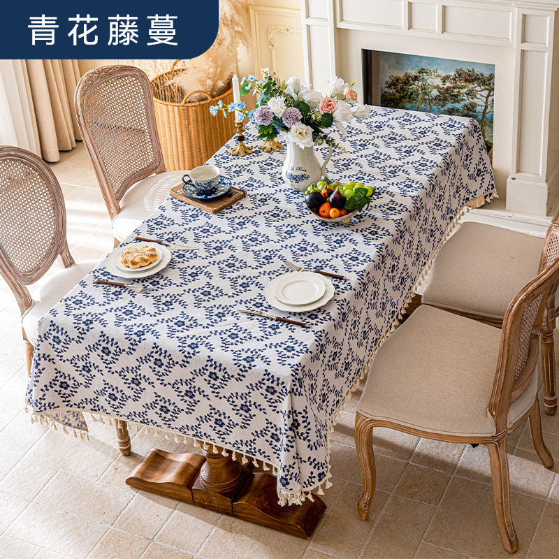Small fresh tassel waterproof tablecloth imitation cotton and linen fabric printing coffee table cover towel dining table decoration square tablecloth free shipping