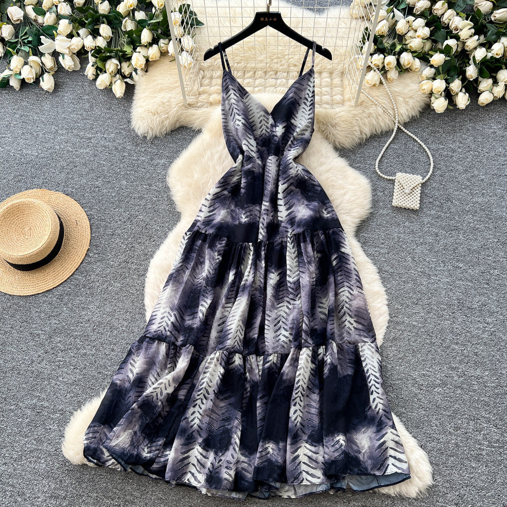Vacation style v neckhalter suspender dress women's summerk-style sleeveless sexy waist slimming lookprinting long skirt
