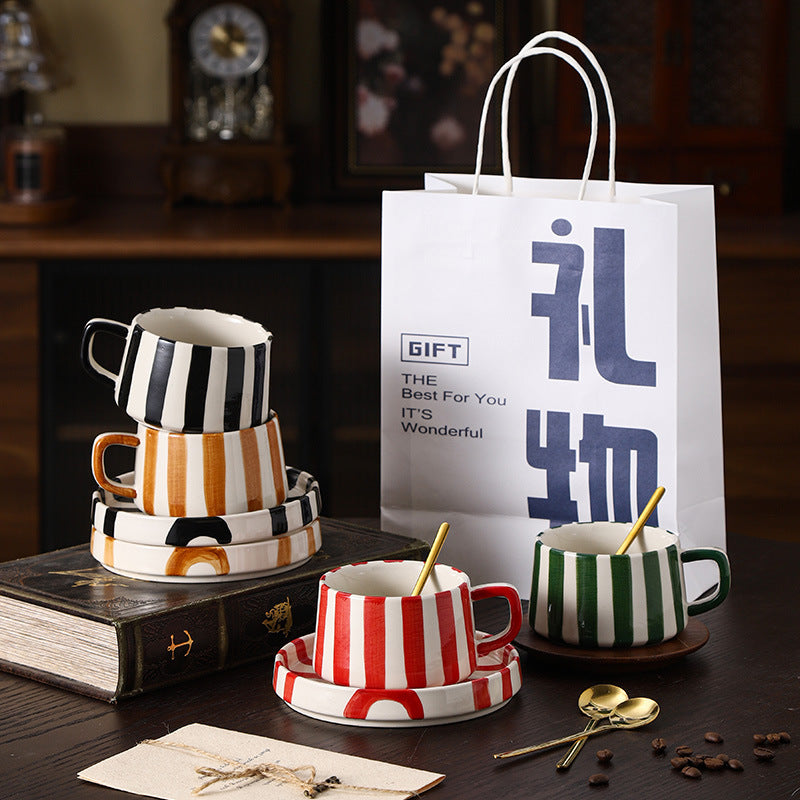 Instagram-worthy creative ceramic coffee mug set - premium striped design, perfect for office afternoon tea, exquisite latte art, and a thoughtful gift. includes mug and saucer