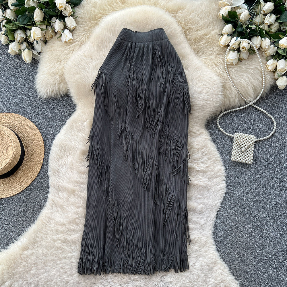 Korean style tassel trim a-line midi skirt - women's 2026 summer high-waisted commute chic tassel skirt