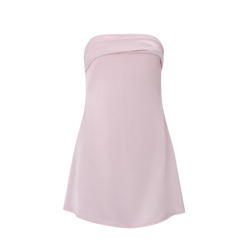 European and american cross-border women's spring  new arrival: off-the-shoulder bandeau backless solid color satin chic sexy dress