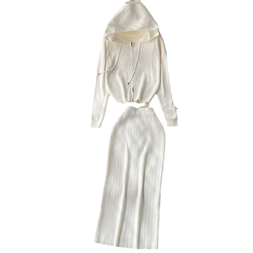 Fall and wintercasualsuitfemale celebrityfashion hot diamond hooded zipper cardigansweateroutwearknitting hip skirt