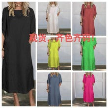 's new 2025 European and American  European and American summer wind loose casual solid color short-sleeved cotton and linen dress