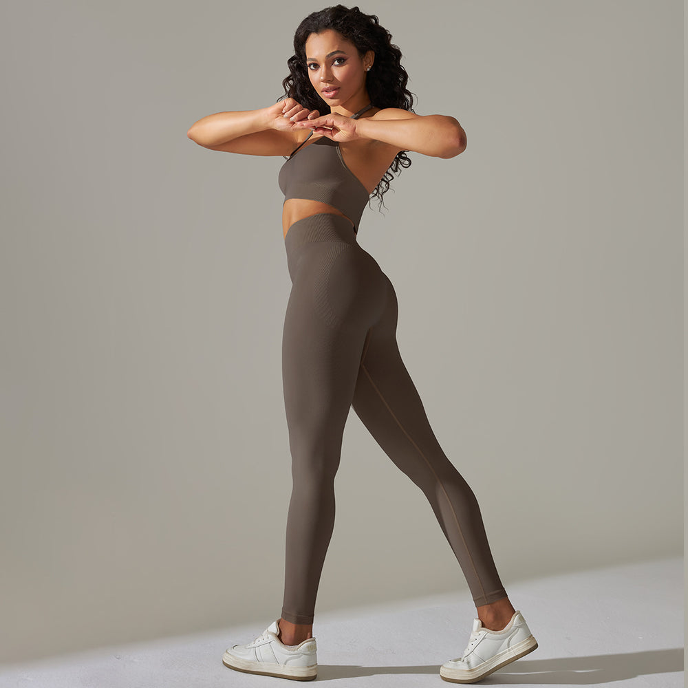 European and american cross-border seamless backless halter sports bra yoga set - fitness bra and yoga pants two-piece set for women