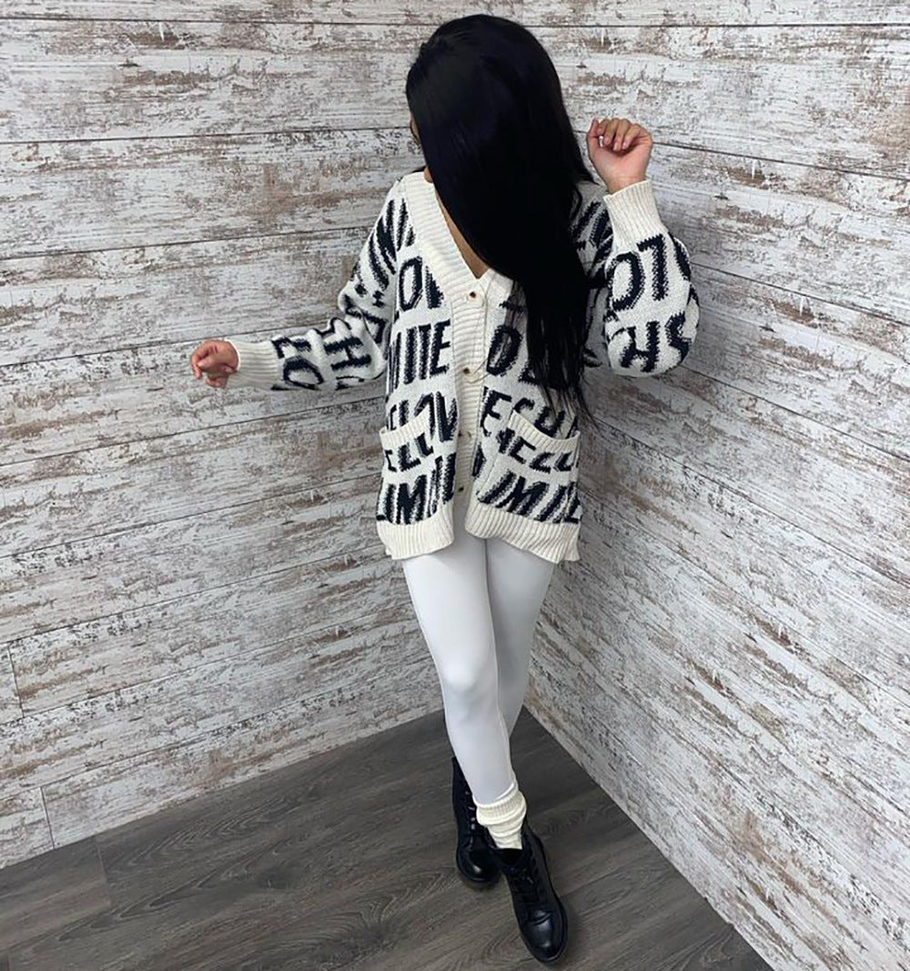 European and american cross-border women's clothing:  &  winter new arrivals - casual, loose-fit, letter print cardigan knit sweater tops