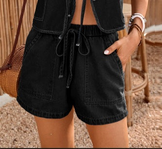 fashionsummernew arrival   washed casual sleeveless tie back vest denim suit shorts for women