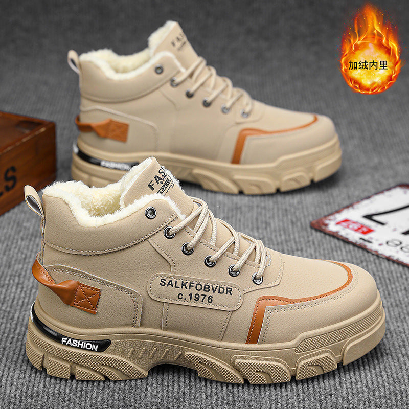 Men's winter 2025 new martin boots: fleece-lined, warm, work boots, waterproof, non-slip, chunky sole, trendy men's shoes