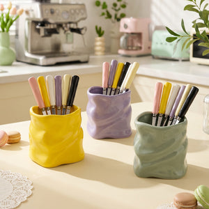 304 food grade stainless steel twisted fruit fork set creative colorful storage cup ceramic cup holder wholesale
