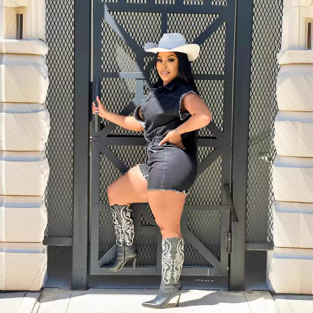 Amazon cross-border hot seller: european and american style sexy short-sleeve stretch denim jumpsuit romper - new summer collection