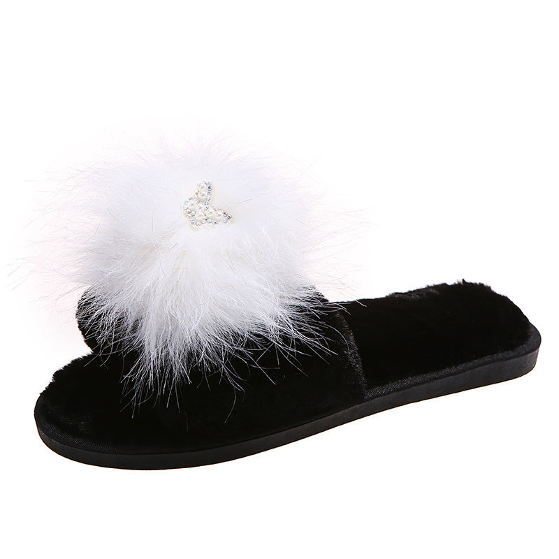 2024 fall/winter new korean style butterfly one-strap flat slippers, warm round-toe indoor/outdoor cotton slippers, fuzzy slippers for women