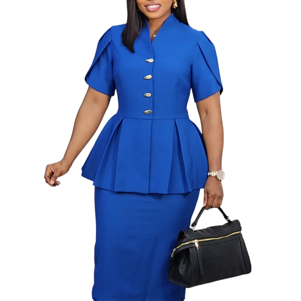 C8660 women's foreign trade clothing  new short-sleeve elegant ruffle hem bodycon slit solid color cross-border fashion set