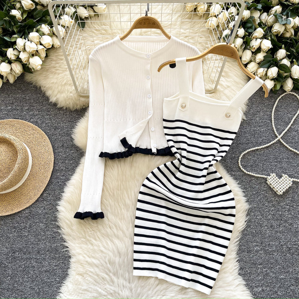 French-inspired knit set for women: winter striped camisole dress + ruffle trim cardigan