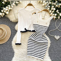 French-inspired knit set for women: winter striped camisole dress + ruffle trim cardigan