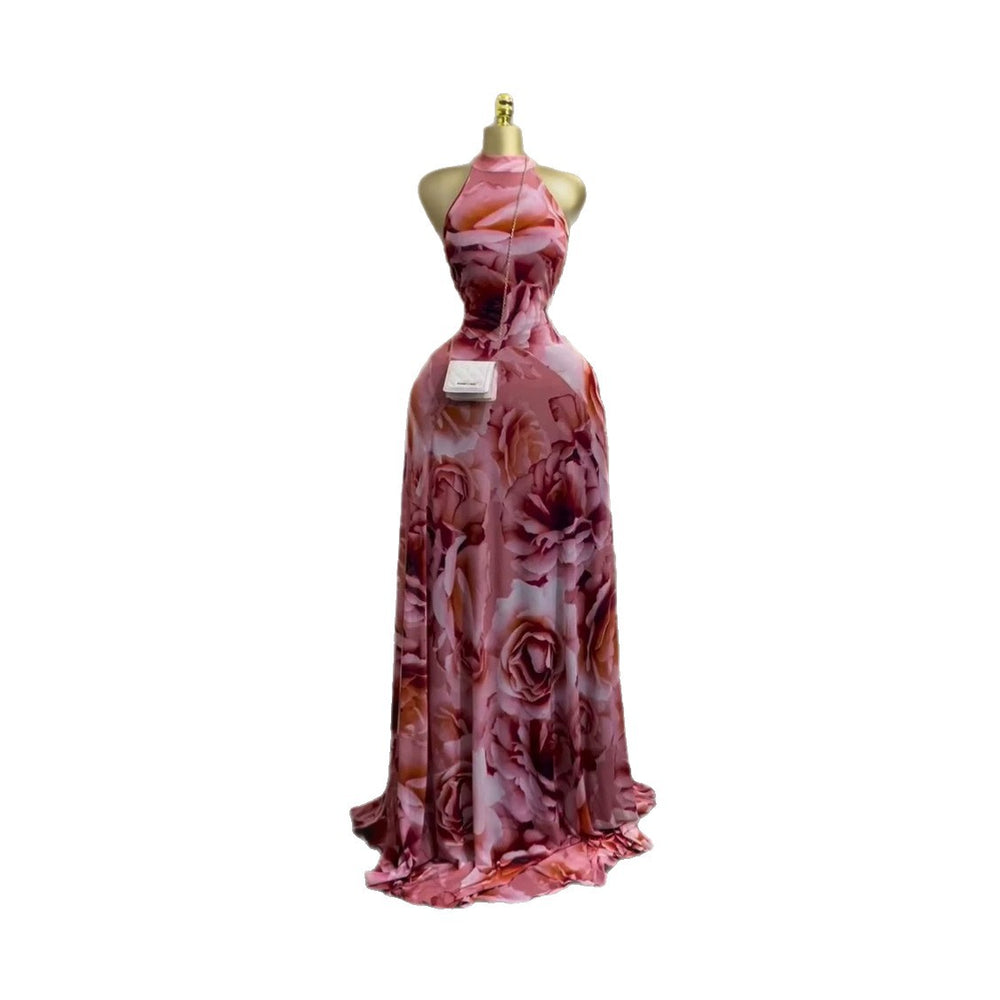 European and american cross-border women's clothing:  summer new arrival - elegant printed slim-fit sleeveless maxi dress with tie detail