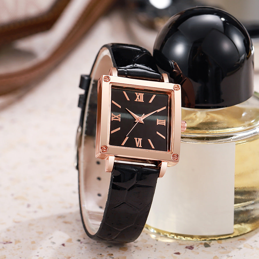 New fashion women's crocodile-embossed leather belt watch - square roman numeral quartz wristwatch for students (export model)