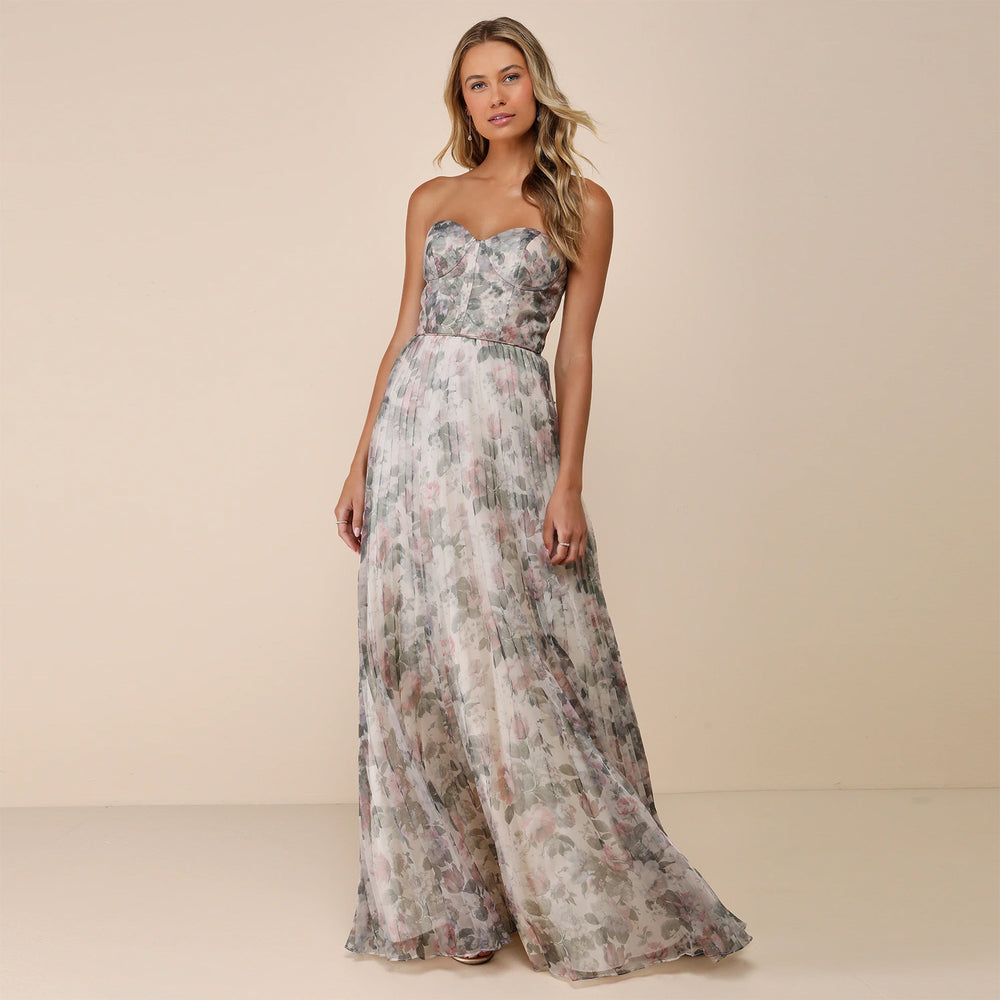 C7751 cross-border  new women's tube top fishbone floral pleated long evening dress fairy chiffon long skirt