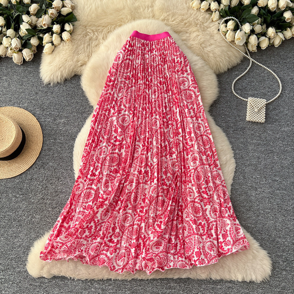 Vintage print pleated elastic waist fashion skirt - women's high-waisted a-line skirt - commute-friendly, flowy maxi skirt for summer