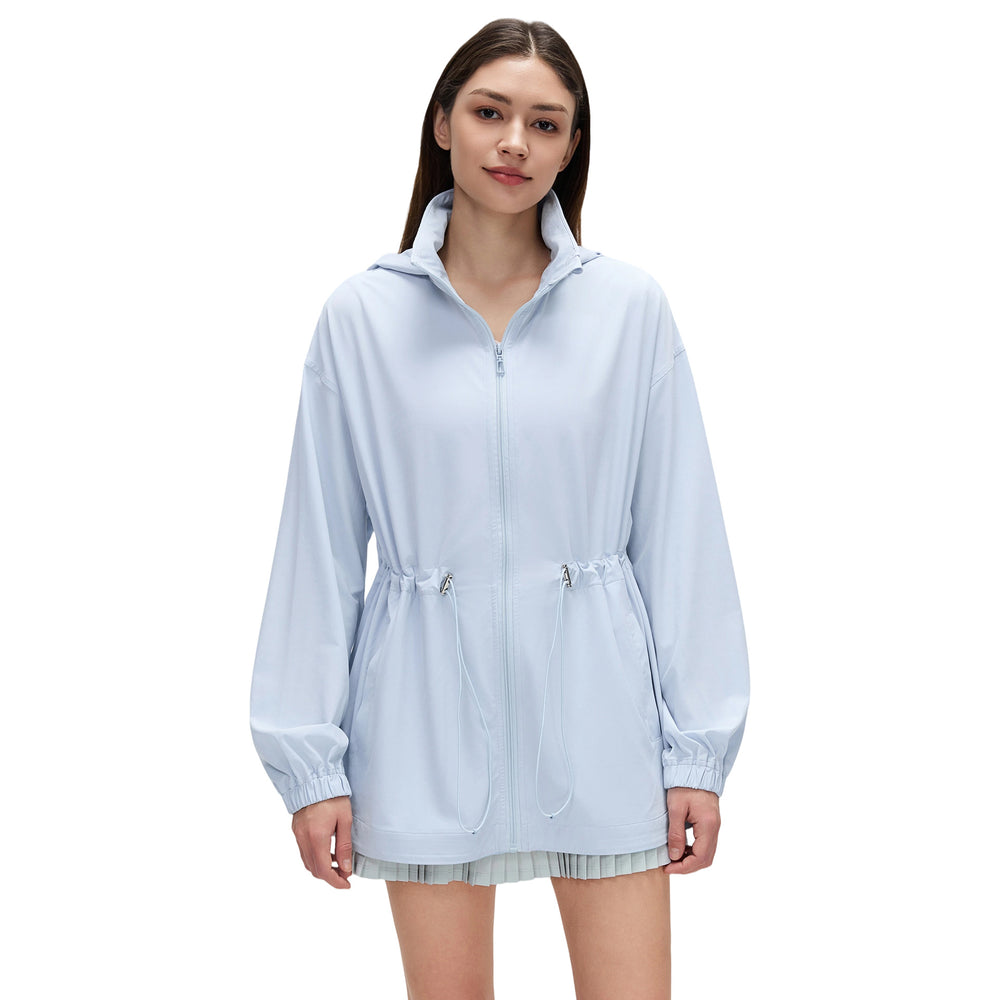 Storable hooded stand-up collar sports outwear women's drawstring waist slimming look medium longcardigan zipper jacket d26066