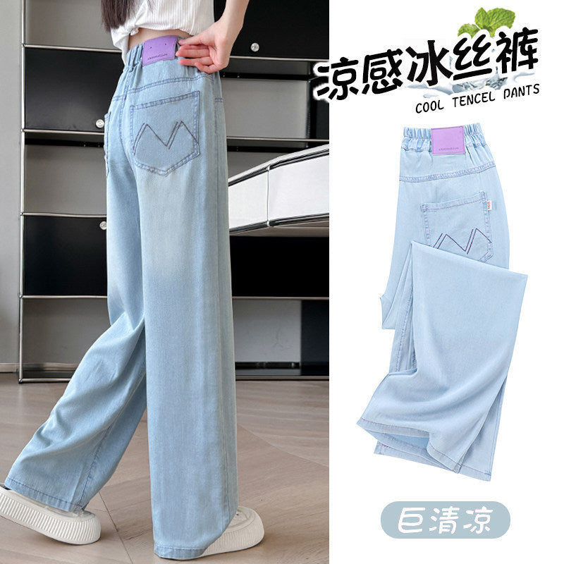 Girls' summer lightweight pants  new style: big girls' ice silk tencel jeans, middle school slim fit wide leg pants