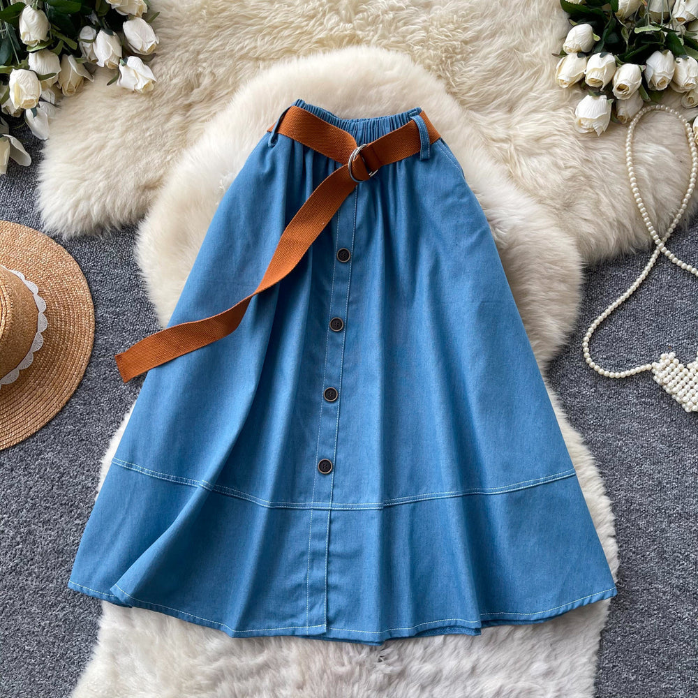 Preppy style denim skirt for women, elastic waistband, a-line midi skirt, summer work clothing, high waistslimming lookelegant skirt