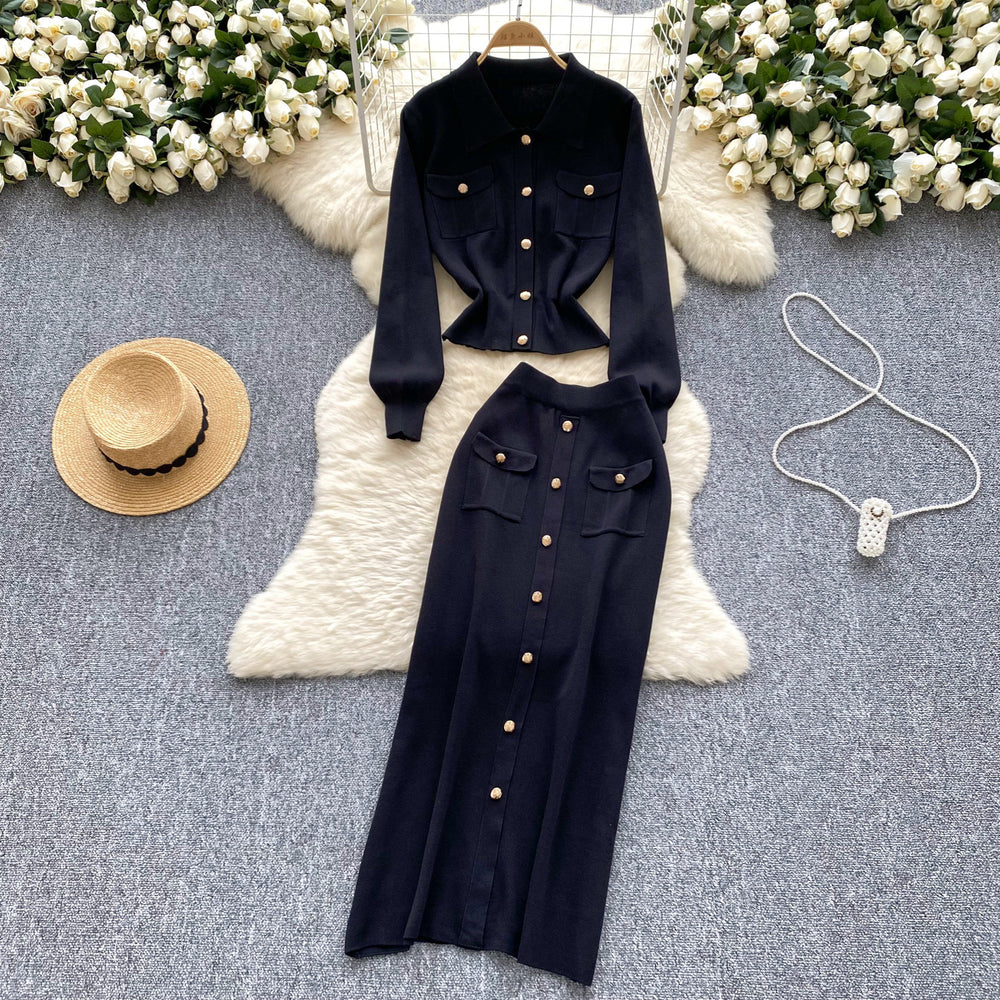 Xiaoxiangfeng two-piece set women's fall and winter styleeasiest for match metal buckle lapel knittingtops tight hip-covering skirt