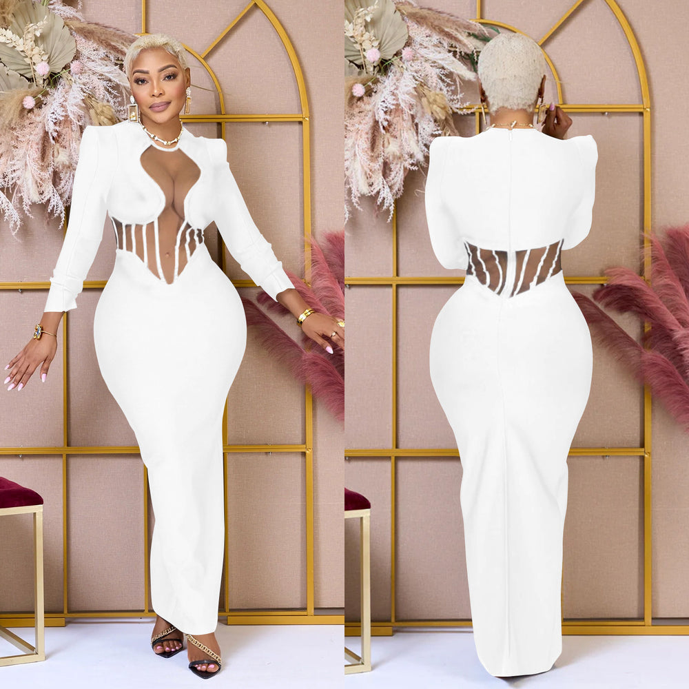 C6756 cross-border   fashion women's solid color mesh see-through long sleeve maxi dress