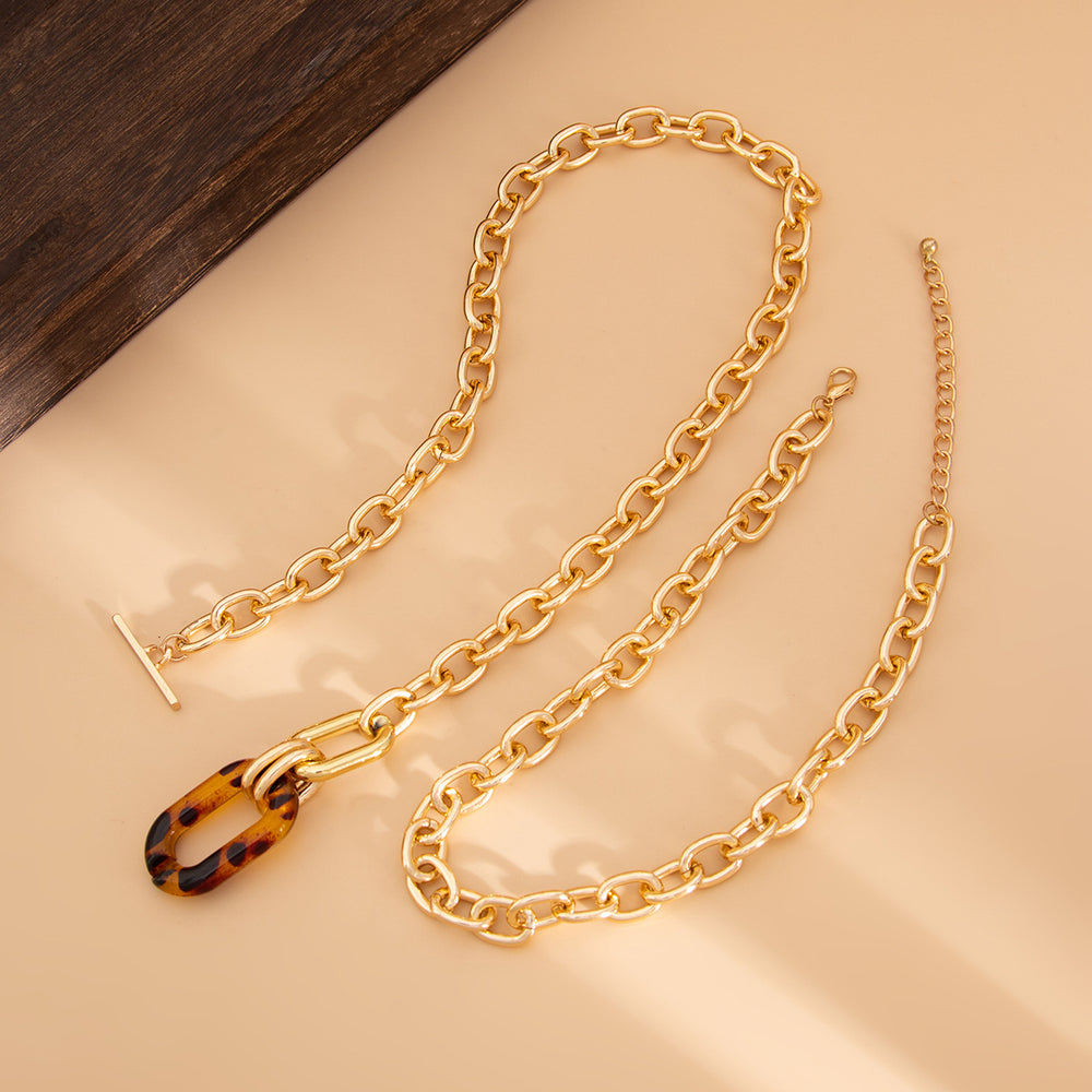 European and american cross-border trendy sweet & cool leopard print geometric pendant necklace fashionable individualistic multi-layered metal necklace set