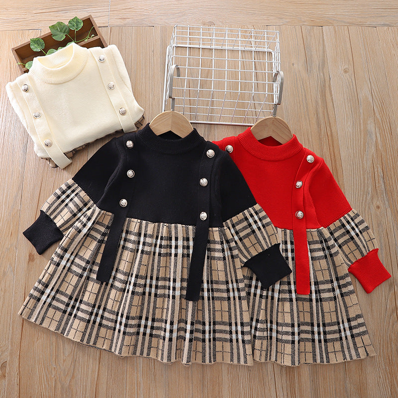 New autumn collection: girls' plaid knit dress - european & american style pullover sweater dress for toddlers & young children