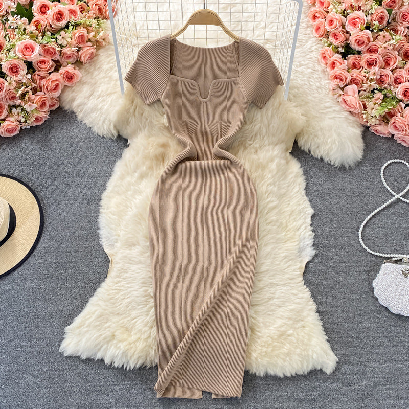 Fitted and slimming square neck knit dress - short sleeve,  summer new arrival, chic and sexy, bodycon maxi dress