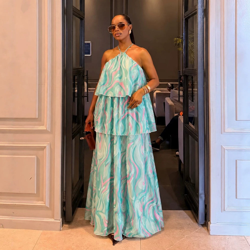 European and american cross-border women's fashion:  summer new arrival - stylish and elegant halter neck printed loose long slip dress