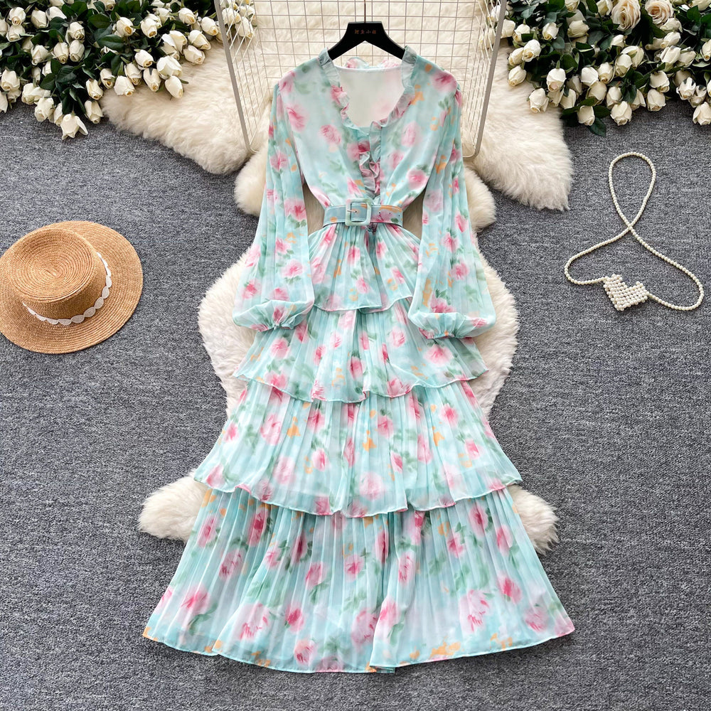 French romantic style printed long sleeve dress - women's spring slimming ruffle pleated tiered cake dress - elegant