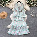 French romantic style printed long sleeve dress - women's spring slimming ruffle pleated tiered cake dress - elegant