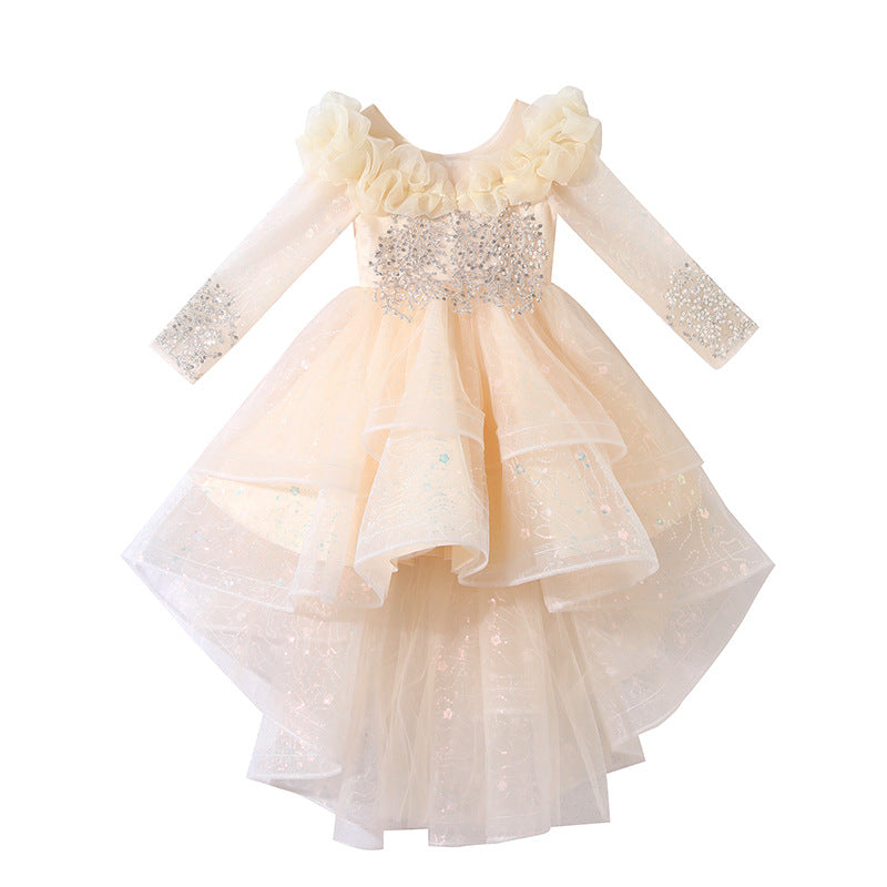 Girls' formal dresses with train, new  princess style, mesh, chic flower girl wedding dress, swallowtail skirt, wholesale ready stock, spring/autumn collection