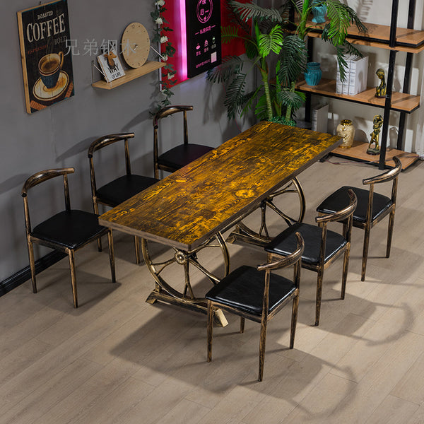 Retro six-person dining table and chair combination barbecue restaurant hot pot restaurant bar restaurant restaurant table and chair