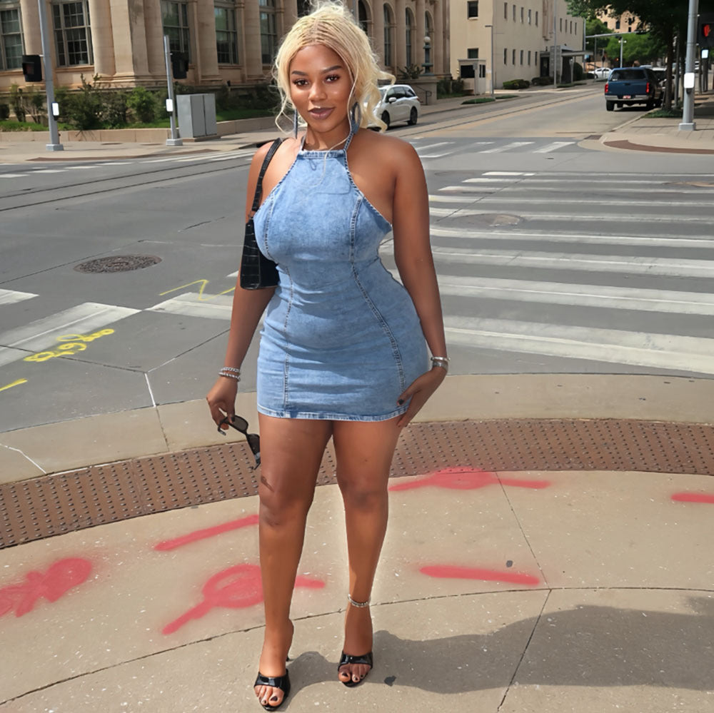 European and american style sexy denim dress -  cross-border summer women's clothing - off-the-shoulder tie-up halter bodycon mini skirt