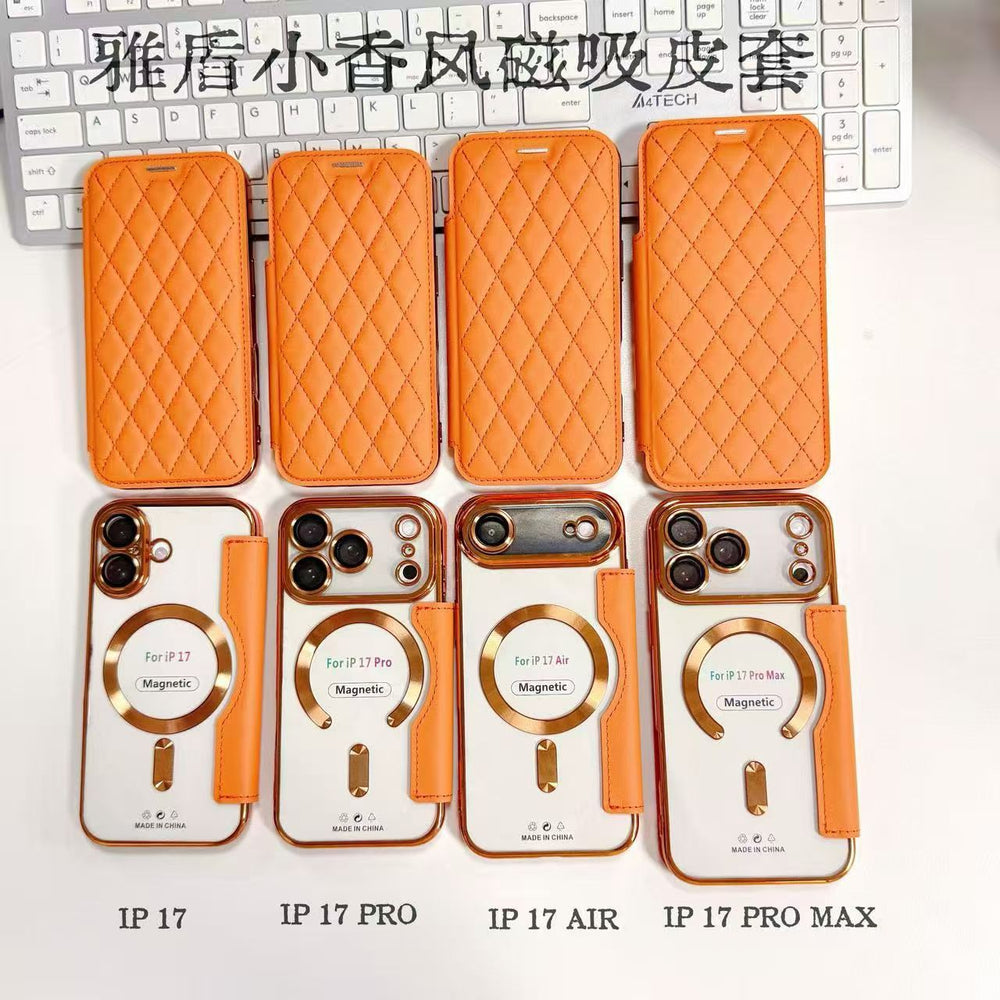 Iphone 17 pro max case, yatun chanel-style magnetic, compatible with apple 16, creative diamond pattern leather case with card slots