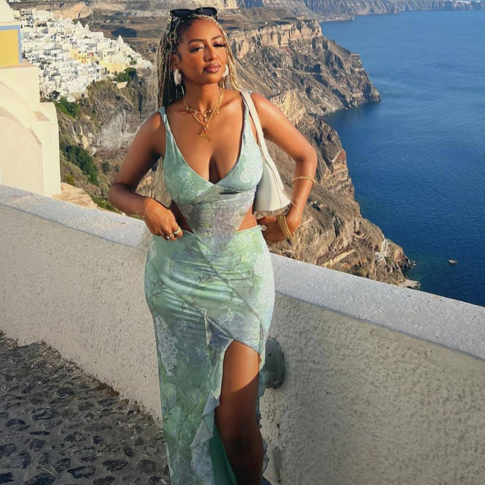 European and american style fashion print irregular top sexy camisole backless tie-up slit bodycon midi skirt set