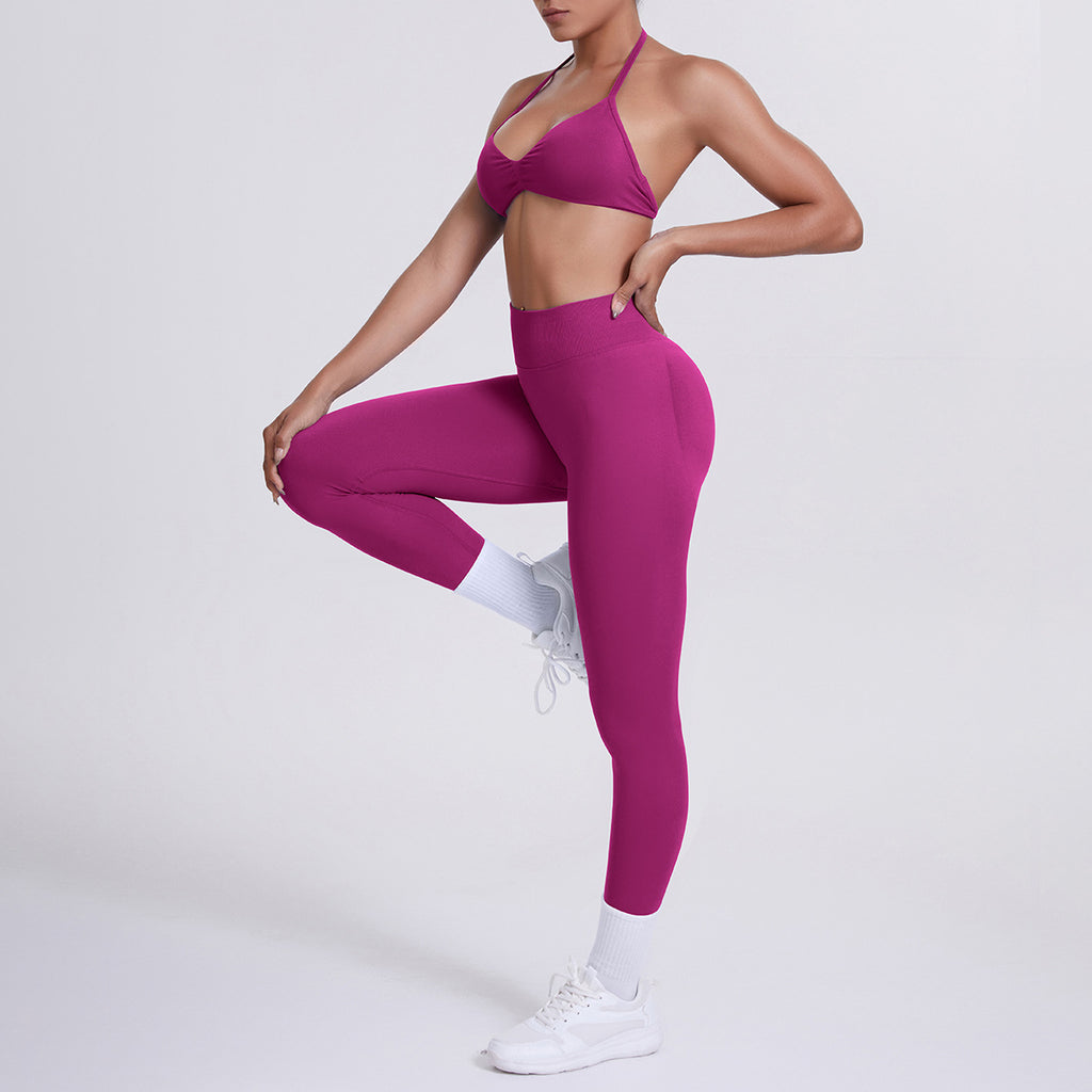 Spot solid color yoga clothes high waist peach hip sports trousers suspenders beautiful back neck bra fitness yoga set