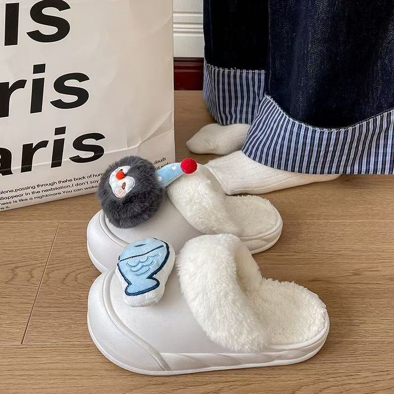 2025 winter new cartoon penguin & fish cotton slippers - thickened, warm, platform sole, detachable cotton slippers for women - wholesale