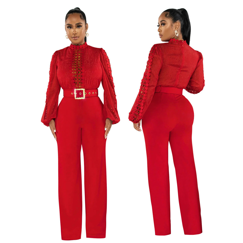 CY900533 European and American wish party style turtleneck hollow, perspective long-sleeved top, fashionable loose jumpsuit women