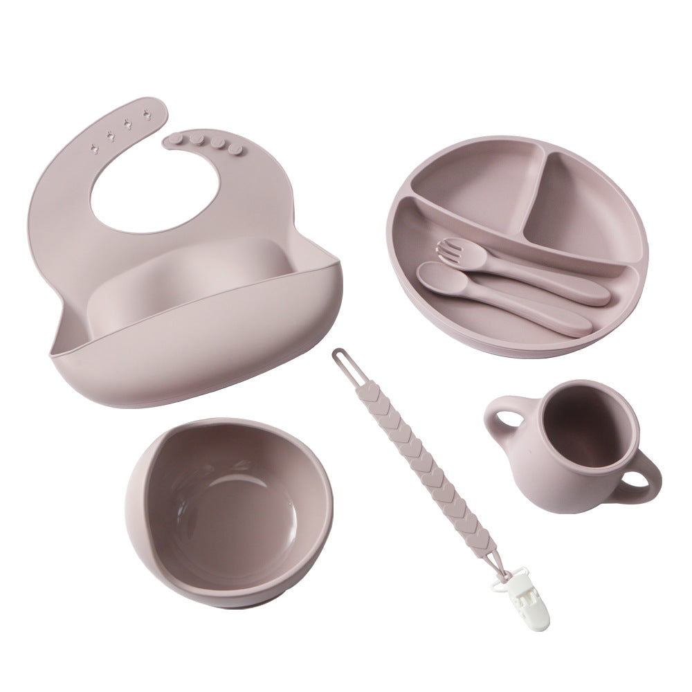 hot-selling food-grade silicone tableware 7-piece set, baby eating special tableware set, maternal and infant products supply