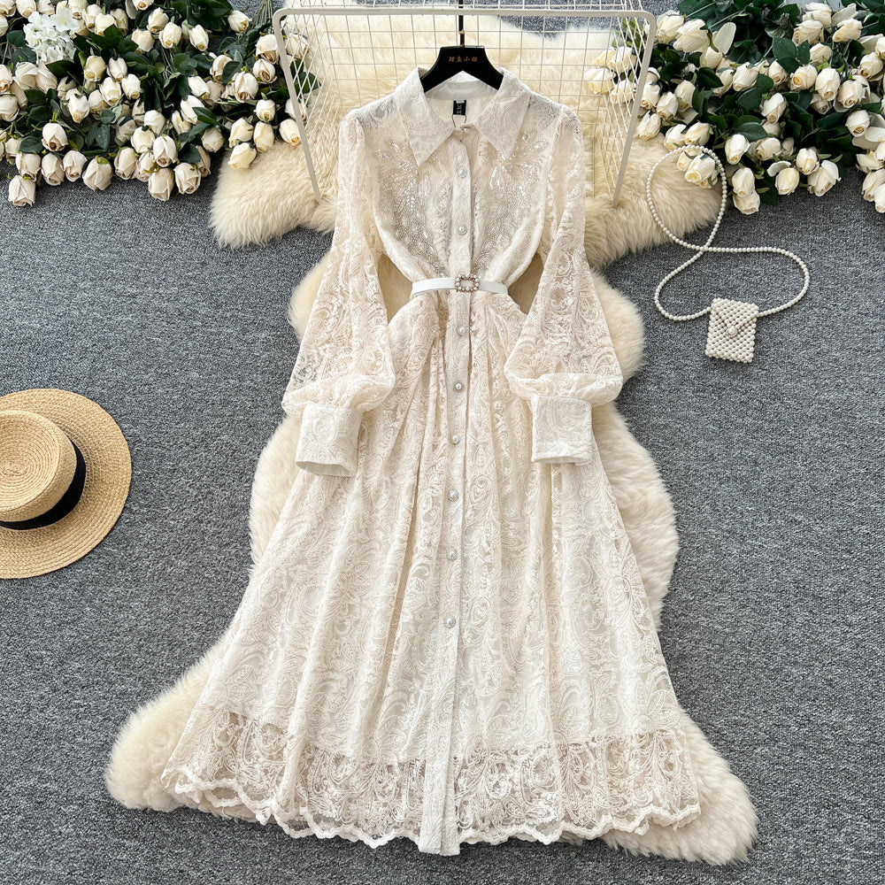 Frenchretro heavy industry embroider sequin mesh embroider strap waist single breasted dress women's elegance long skirt