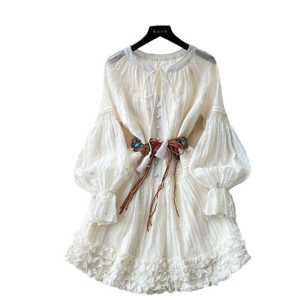 Vacation-style dress for women, spring  collection: french-inspired tie-waist, single-breasted, lantern sleeve, ruffle-trimmed fairy mini dress