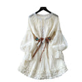 Vacation-style dress for women, spring  collection: french-inspired tie-waist, single-breasted, lantern sleeve, ruffle-trimmed fairy mini dress