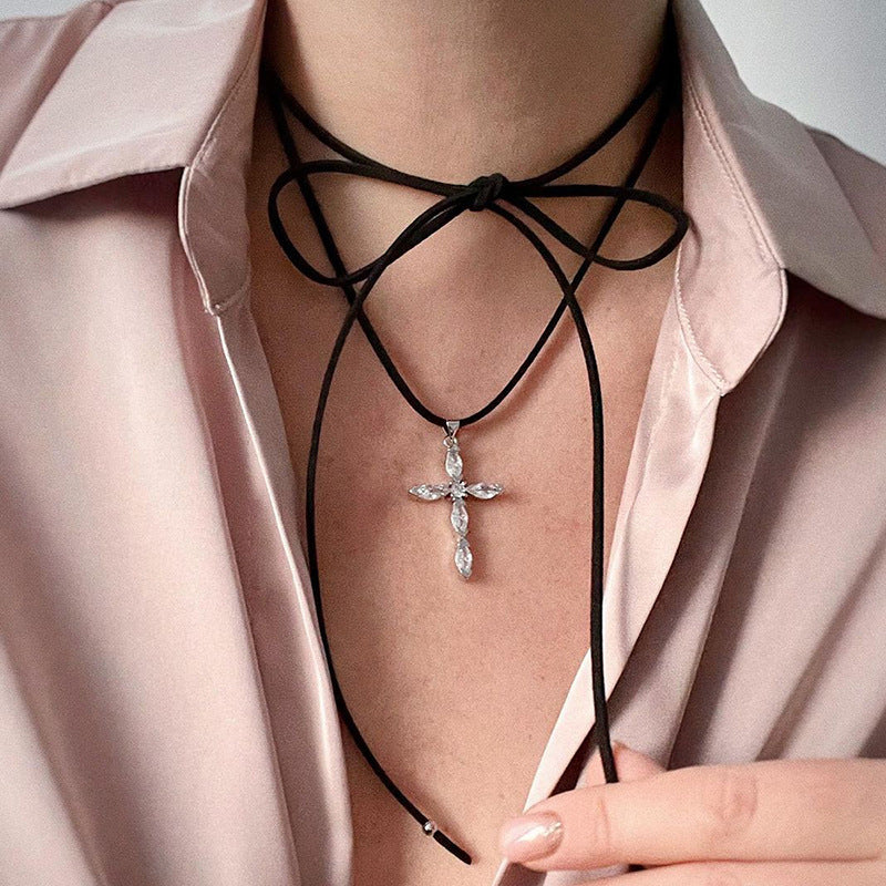 Wholesale heart cross pendant necklace - trendy adjustable choker with star accents for women (us/eu cross-border)