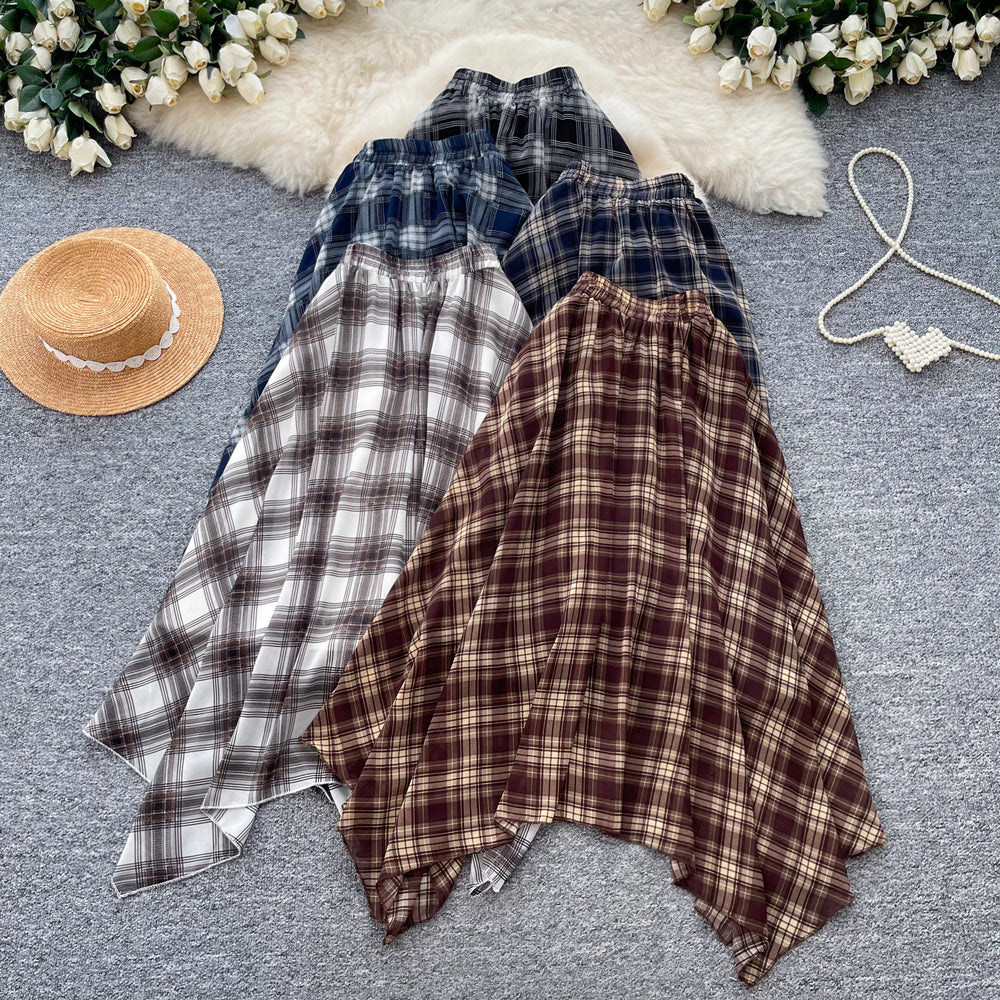 Vintage plaid patchwork a-line midi skirt - women's summer high-waisted slimming commute skirt with elastic waistband