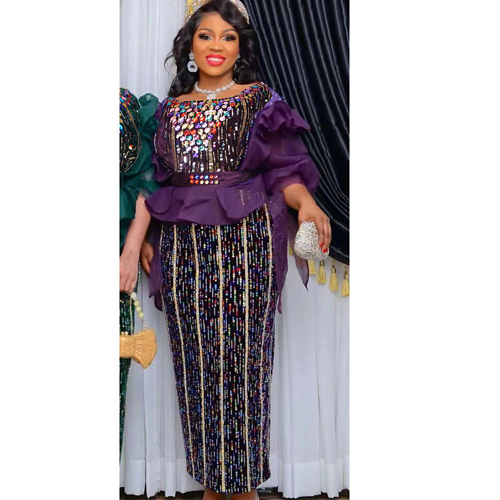 new party evening dress, heavily rhinestone embellished, hot-selling  african women's dress with belt included